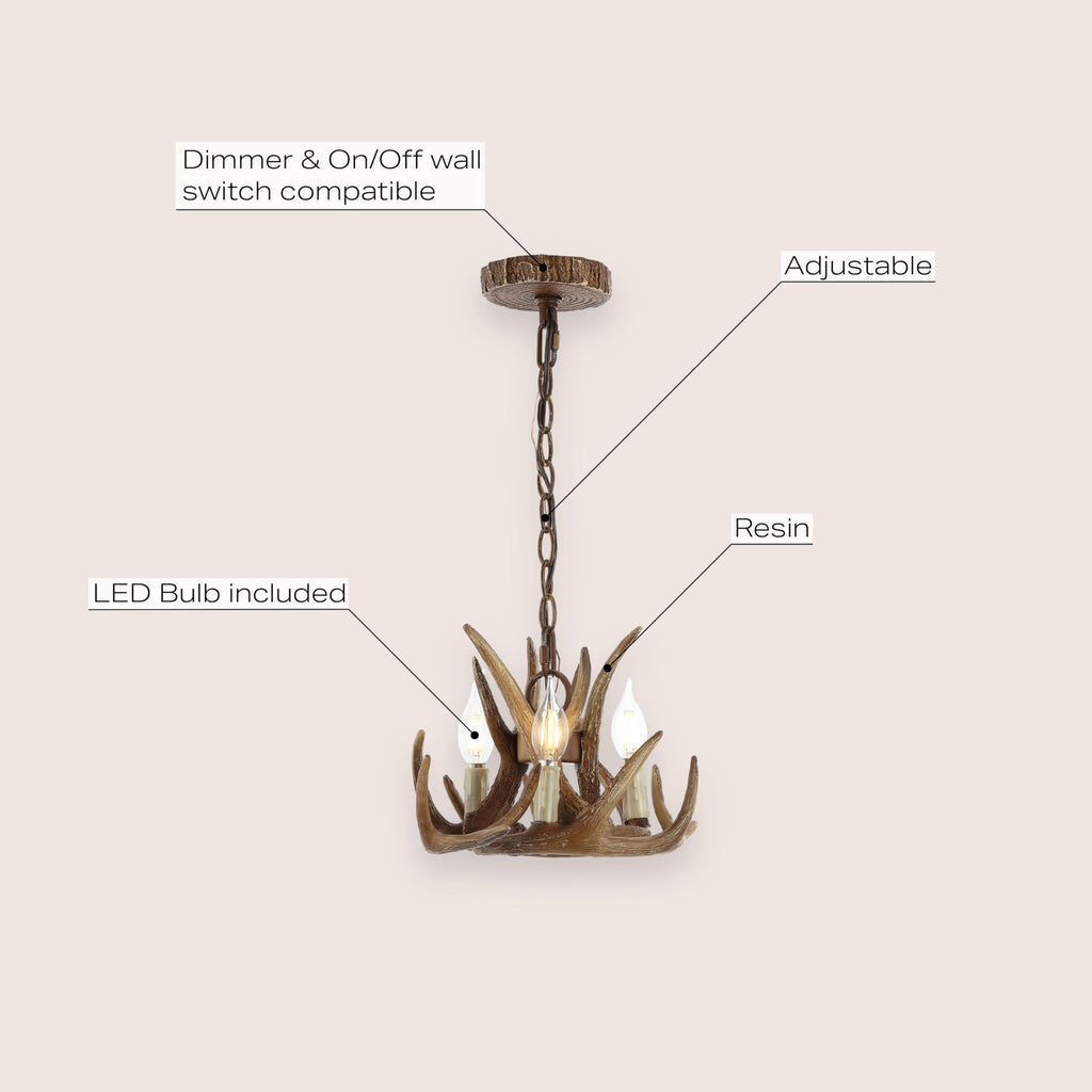 Nelle 3-Light Antler 11.5" LED Chandelier Resin, Brown