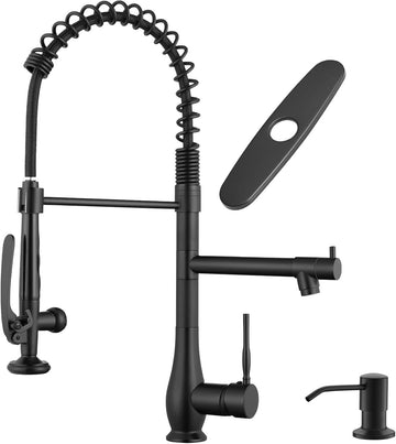 Matte Black Commercial Kitchen Sink Faucet with Soap Dispenser | High Pressure Double Headed Spray, Stainless Steel