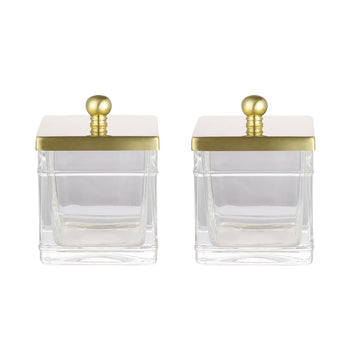 Glass Cotton Jar Holder 2 Pack- Brushed Gold Lid, Elegant Bathroom Storage Canister for Qtips, Cotton Balls, Floss