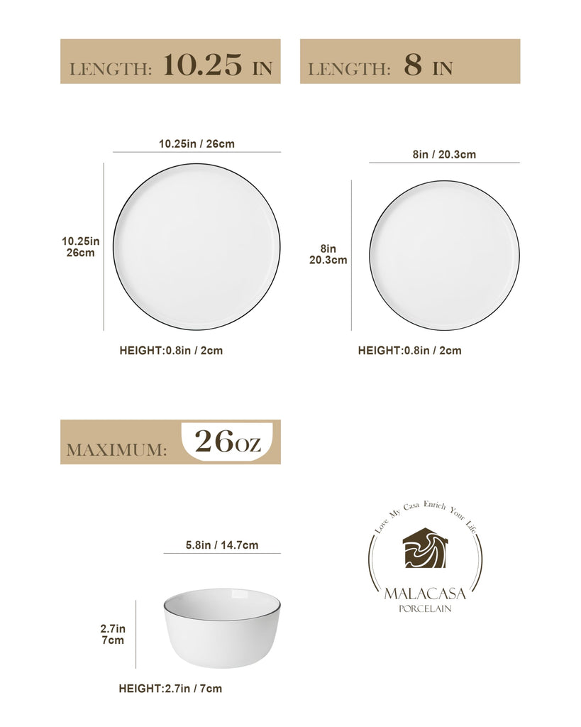 Dinnerware Set for 8, White Black-Rim Porcelain Dishes