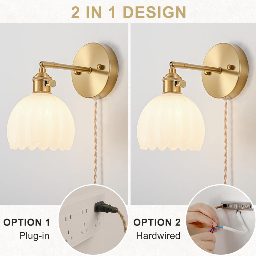 Plug in Wall Sconces Set of 2, Vintage Wall Sconce Light with Tulip Milk White Glass Lampshade, Bedroom Wall Sconce