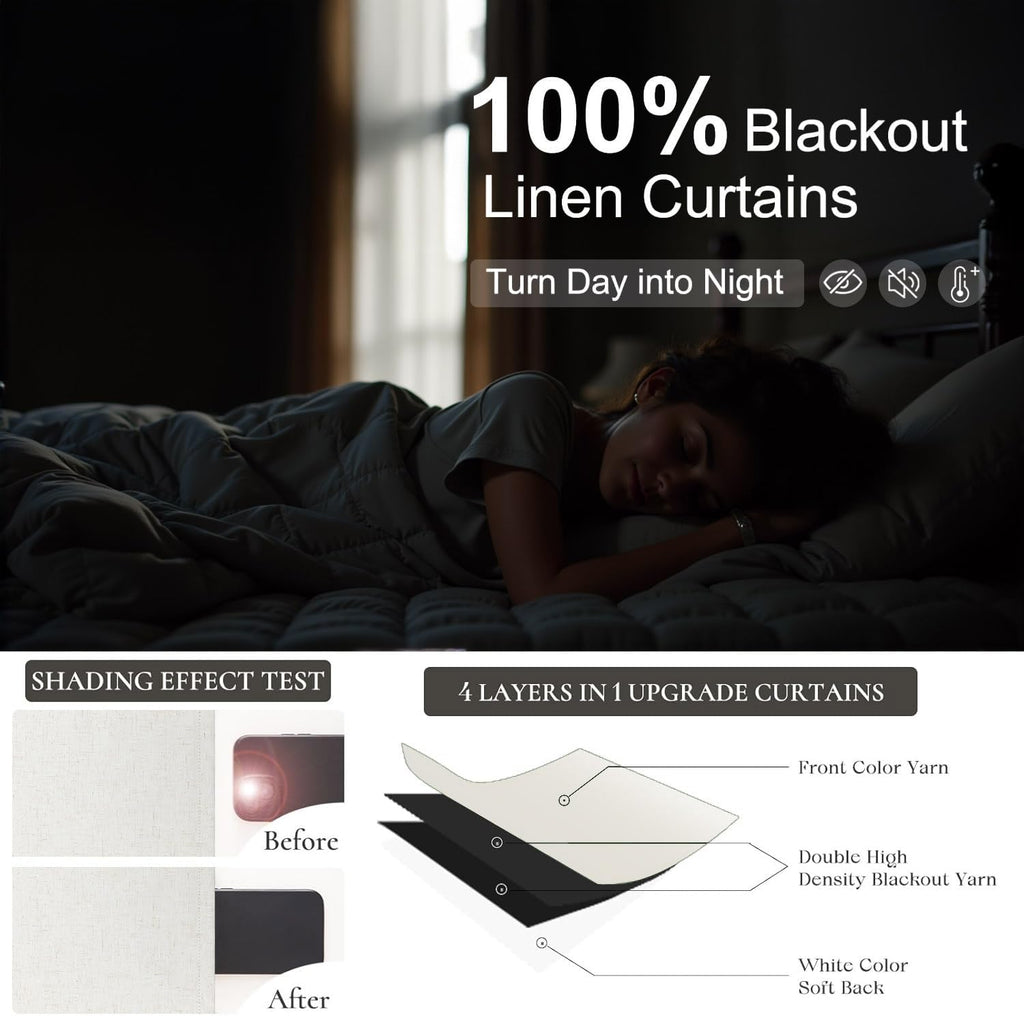 100% Blackout Linen Curtains 60 Inch Length 2 Panel Set 5FT 5 FT Long Farmhouse Boho Black Out Curtain Cream Ivory