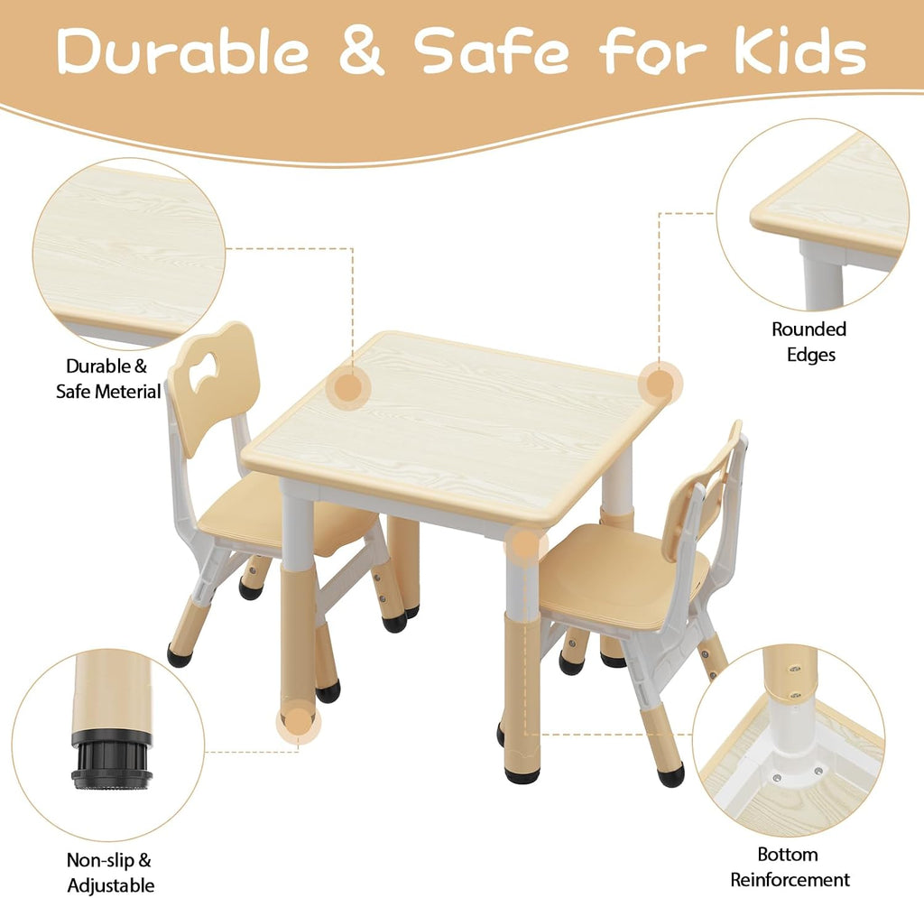 Kids Table and 2 Chairs Set, Height Adjustable Toddler Table and Chairs Set