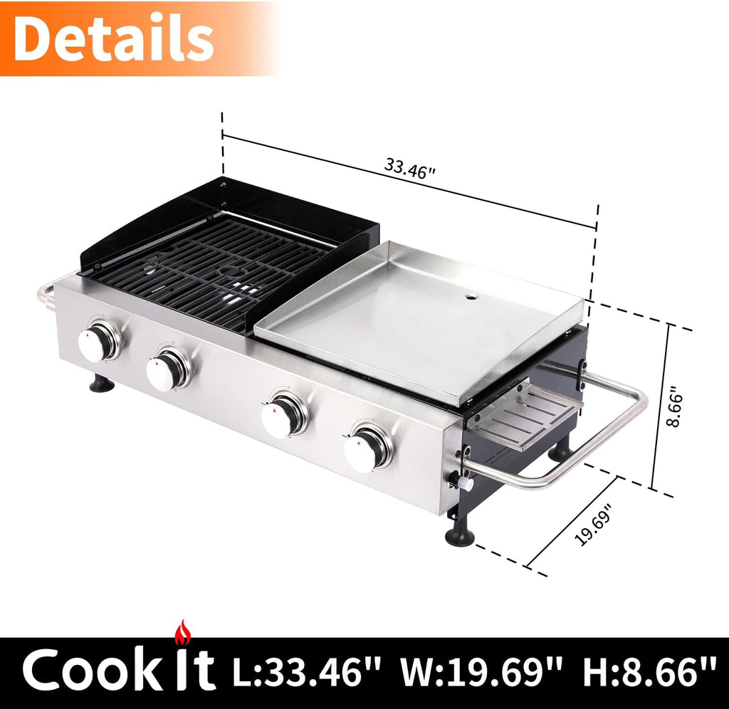 4-Burner Propane Gas Grill and Flat Top Griddle Combo, Stainless Steel Griddle with Cast Iron Grates, Side Shelf and Grease Management for Outdoor BBQ
