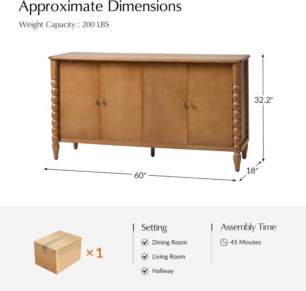 60" Sideboard Cabinet with Spindle Design, Transitional Storage Cabinet with 4 Doors, Adjustable Shelves