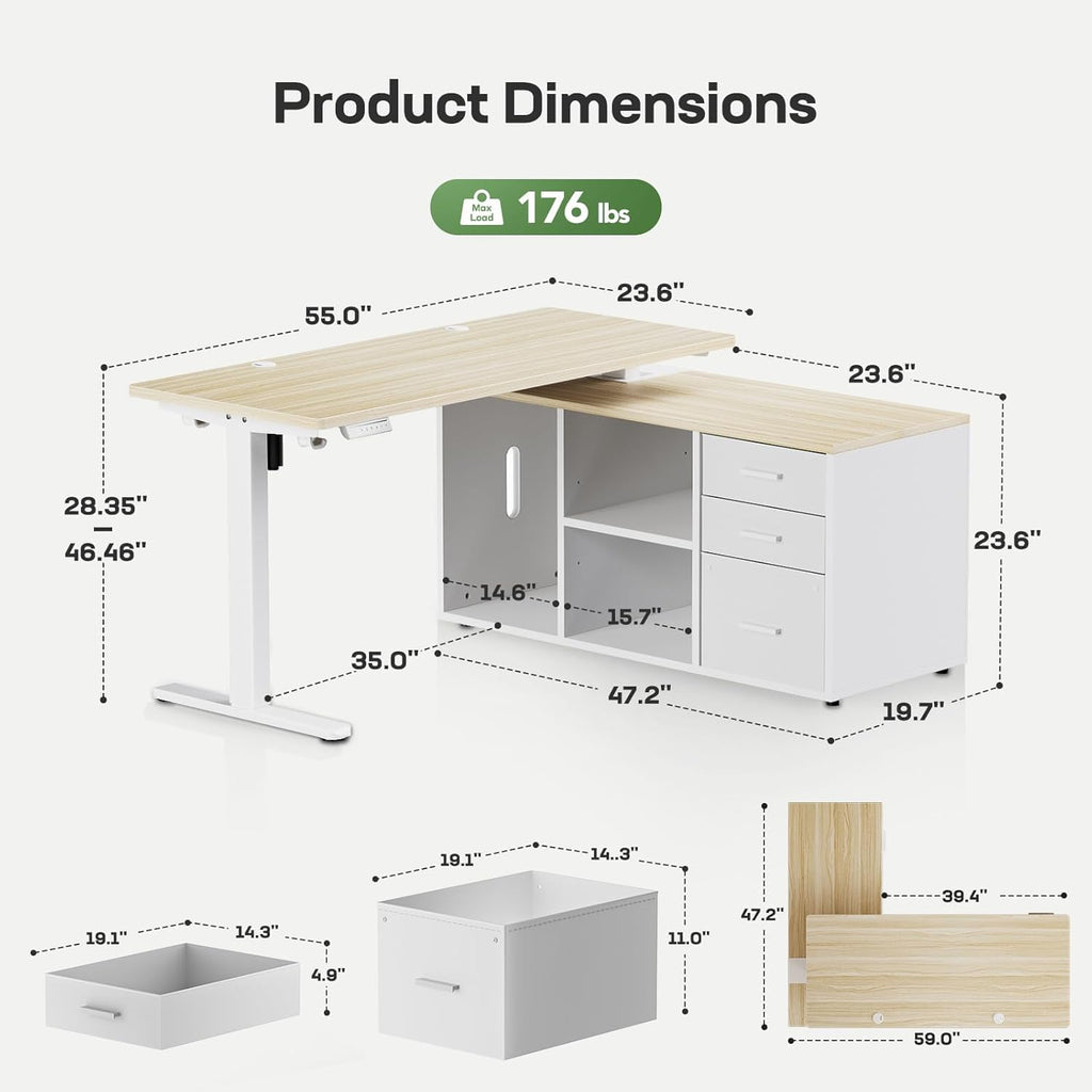 L-Shaped Executive Standing Desk with File Cabinet, 55" x 24" Electric Height Adjustable Stand up Desk, One-Whole