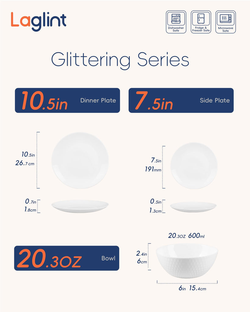 Dinnerware Sets for 4, 12 Piece White Opal Glass Dish Set