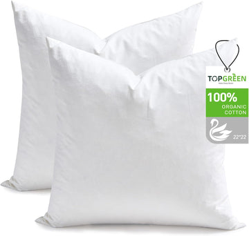 Ogranic Feathers Down Pillow Inserts 22x22, White - Set of 2