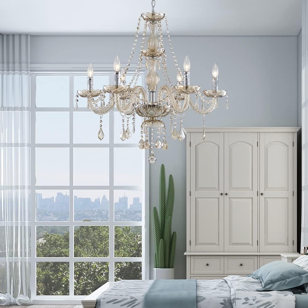 6 Light Chandelier Modern K9 Crystal Chandelier Lighting, Champagne Crystal Ceiling Light Fixture Pendant Lamp for Dining Room Bathroom Bedroom Livingroom A100-B09F389BJS