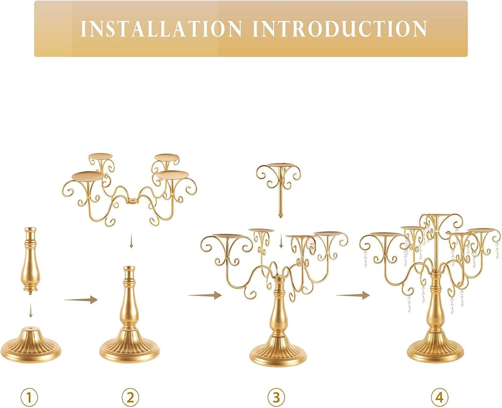 15.3in Gold Candelabra Centerpieces for Tables, 5 Arm Crystal Candelabra for Pillar Candles, Metal Candelabra Candle