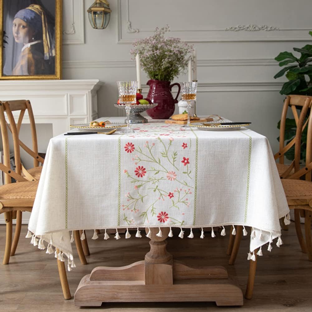 Table Cloth Embroidery Floral Pattern Wrinkle Free Heavy Weight Cotton Linen Farmhouse Tablecloth De