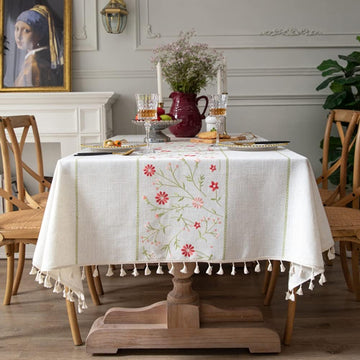 Table Cloth Embroidery Floral Pattern Wrinkle Free Heavy Weight Cotton Linen Farmhouse Tablecloth De