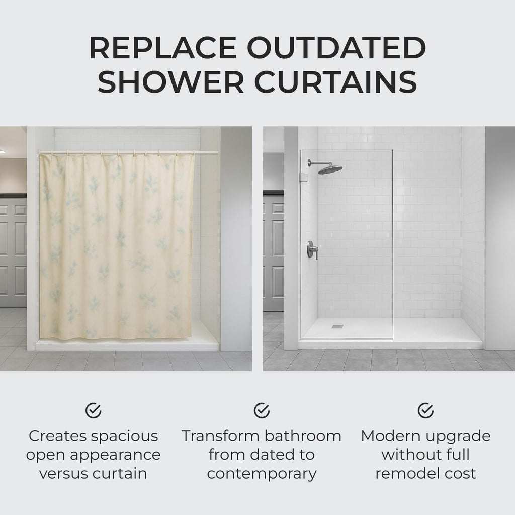 36x76 Frameless Shower Panel - 3/8" Thick Tempered Safety Glass - Fixed Bathroom Partition - Chrome Finish
