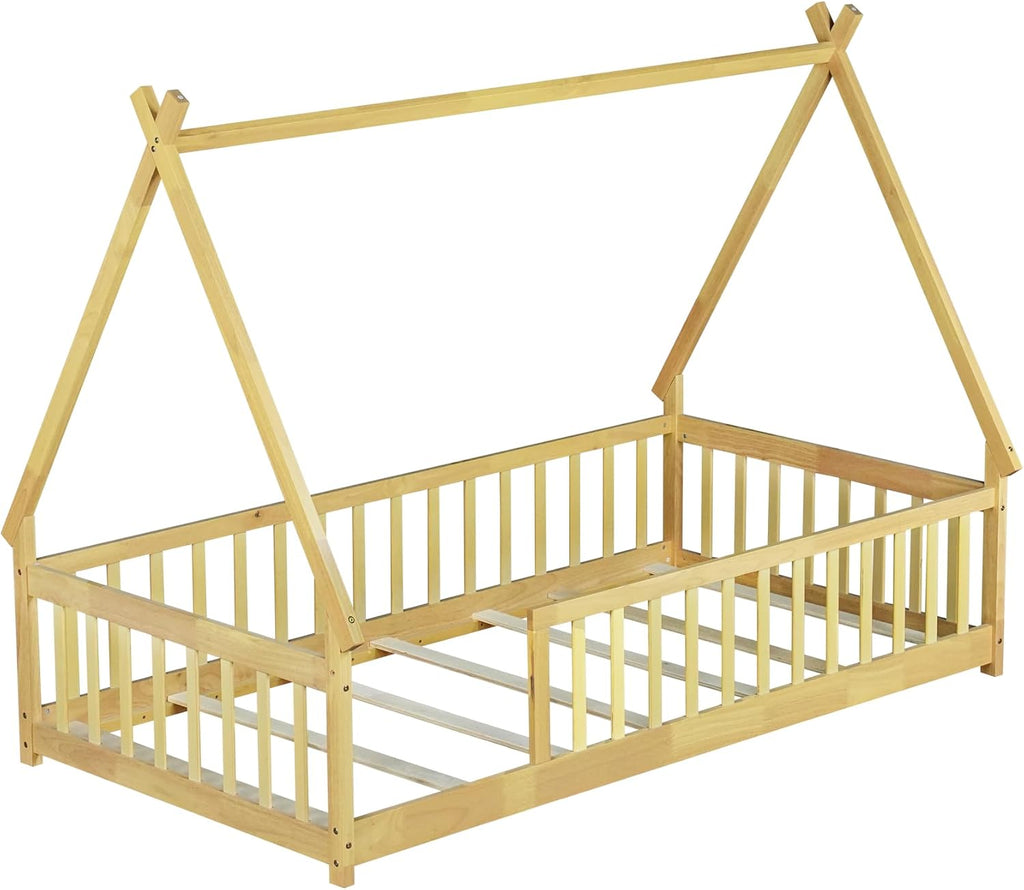 Floor Bed for Kids, Twin Size Teepee Tent Beds, Montessori Floor Bed with Slats and Fence Rails, Wood House Bed Frame
