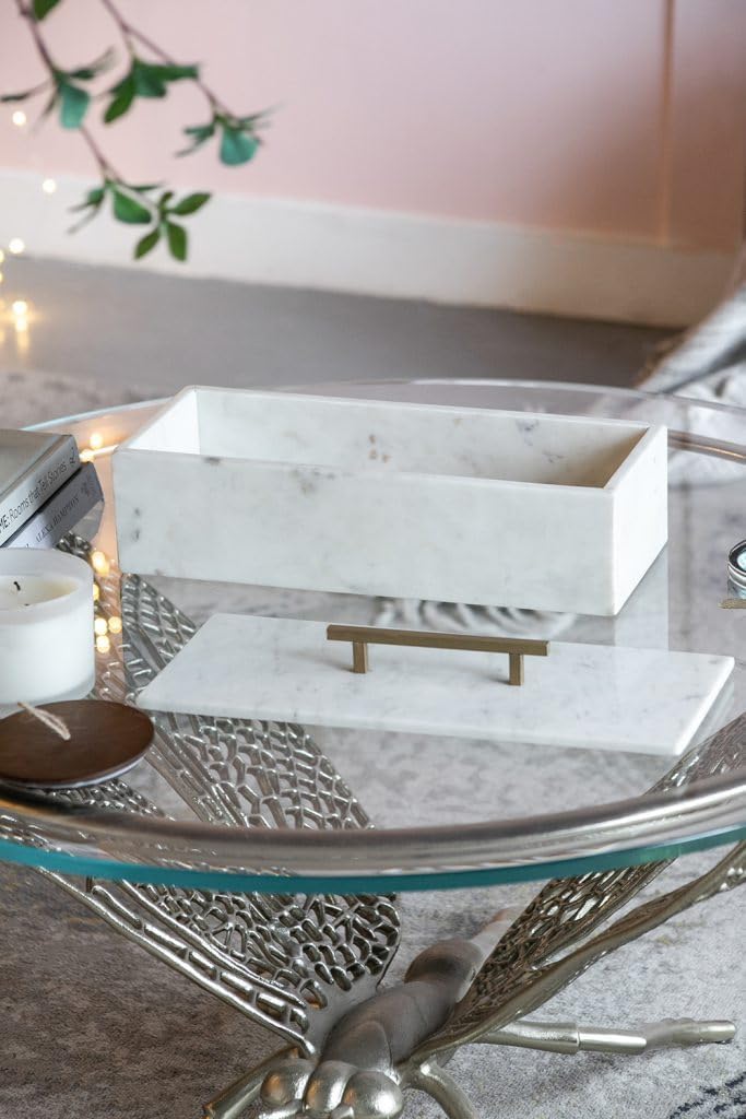White Marble Rectangular Storage Box with Brass Handle, Contemporary Accent Box, Removable Lid, 14.5' x 7'