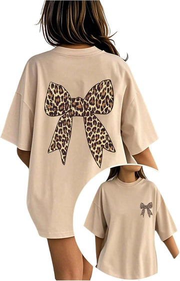 Girl's Leopard Bow Graphic Tees Preppy Baggy T Shirt Summer Tops