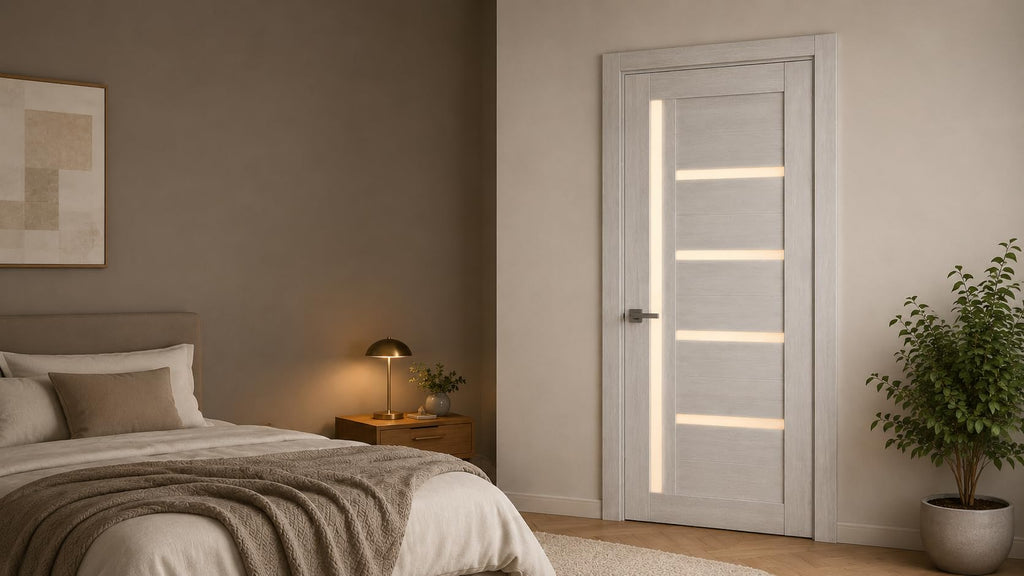 Interior Door 42 x 80 inches | Quadro 4088 Light Grey Oak | Swing Door Slab | Frosted Glass MDF Handle | Bedroom