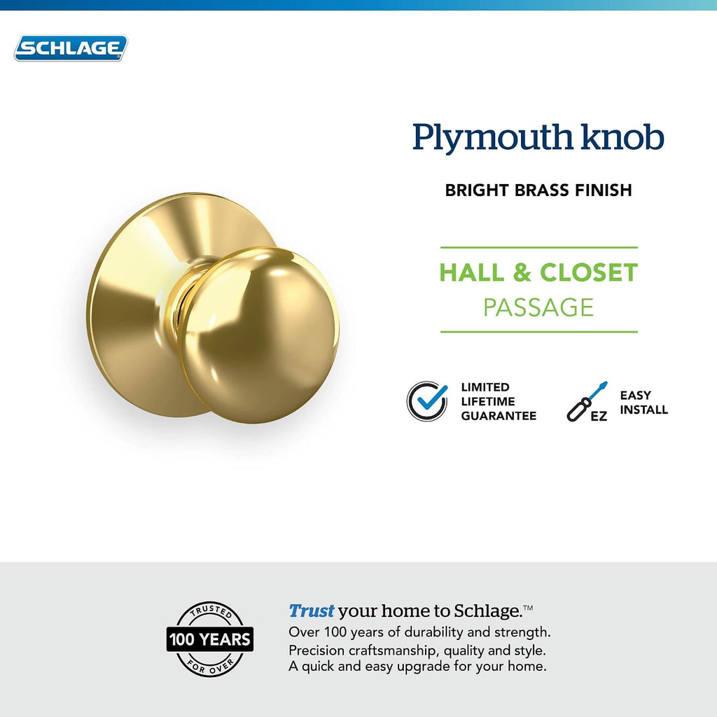 Plymouth Hall/Closet Passage Door Knob, Bright Brass