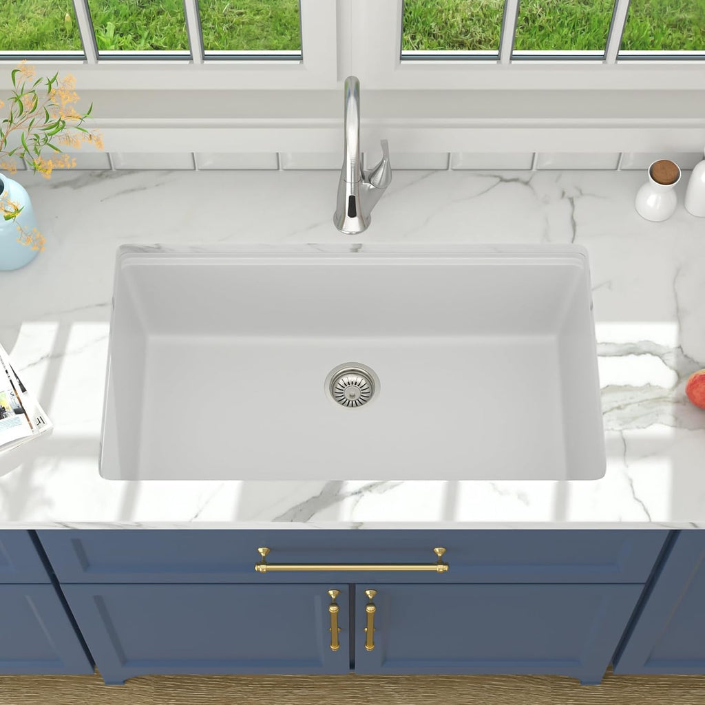 33 Inch White Kitchen Sink Undermount Composite Granite Quartz Single Bowl Workstation 33x19x10 Inch Under Counter