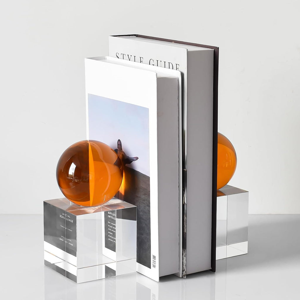 Crystal Bookends, 1 Pair of Decorative Tabletop Bookends , Desk, Comes with Gifed Box, Amber