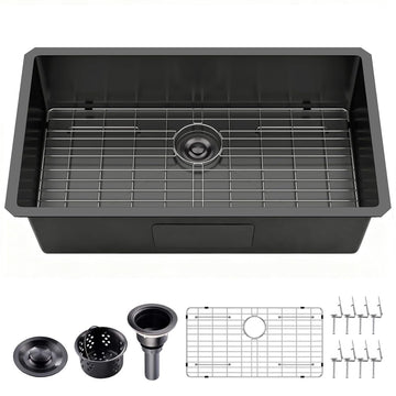 32 Inch Black Undermount Kitchen Sink, 32"x18" Gunmetal Black Stainless Steel Deep Single Bowl Sinks, 16 Gauge