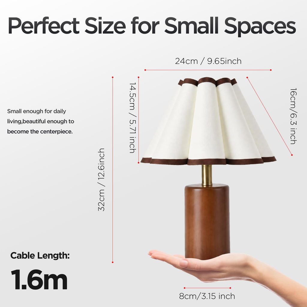 ModernTable Lamp, 12.6" Small Nightstand Light with Pleated Linen Shade&Solid Wood with Walnut Finish Base, Bedside