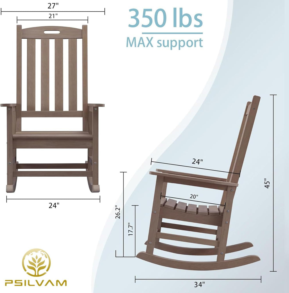 Oversized Outdoor Rocking Chair, HDPE Porch Rocker (Brown) | High Back Rocking Chairs for Adult, 350lbs Weight