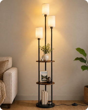 71" Floor Lamp with Shelves, 3-Tier Standing Light, Black and Beige