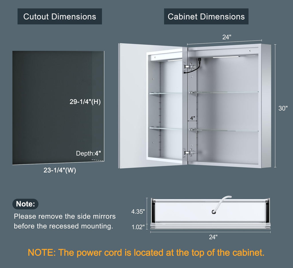 24x30 Inch Lighted Medicine Cabinet with Mirror, AL Alloy Frame, Plug-in or Hardwired, Recessed or Surface Mount, 3