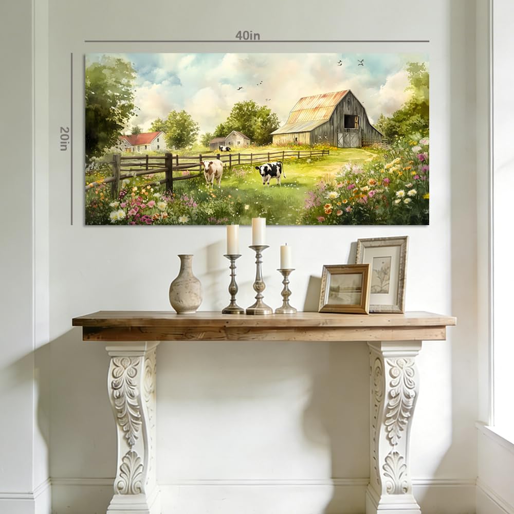 Rustic Farmhouse Barn Canvas Wall Art Vintage Wooden Barn with Cows Countryside Artwork Gallery Wrapped Canvas