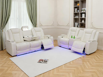 Living Room Furniture Sets with LED, Power Reclining Couch Set, Include 1 Loveseat, 3 Seat Sofa, Modern Creamy White