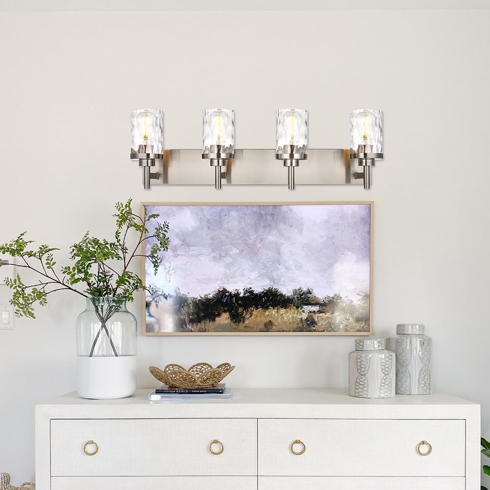 Bathroom Vanity Lighting Fixtures 4 Lights,Brushed Nickel Bathroom Vanity Lights with Clear Hammered Shade Wall