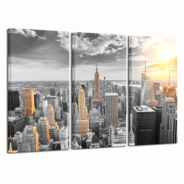 Large 3 Piece New York City Canvas Wall Modern Black and White NYC at Gold Sunset Picture Prints Cityscape Skyline