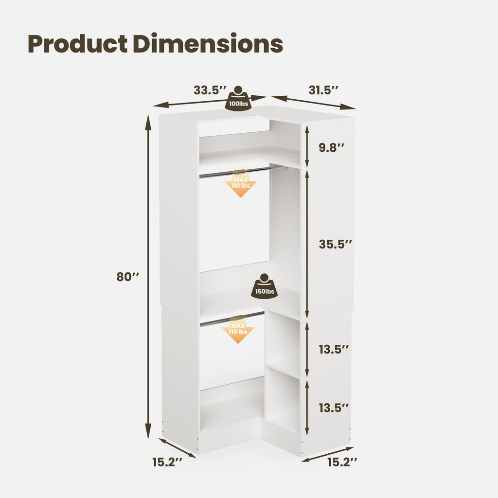 Corner Closet System with Shelves, 33.5'' Corner closet organizer System with Hanging Rods, Wood Walk in Closet