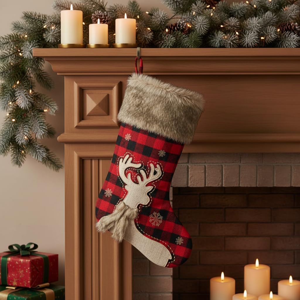 20" Black and Red Plaid Reindeer Christmas Stocking, Rustic Antique Vintage Figurine Style Home Decor, Faux Fur Scarf