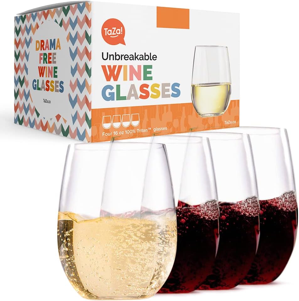Outdoor Wine Glasses Stemless, 16oz Set of 4, Unbreakable Tritan Plastic Drinkware, Dishwasher Safe Reusable Glasses