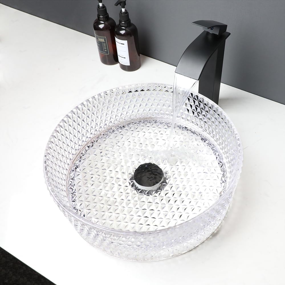 16 Inch Crystal Bathroom Vessel Sink with Faucet and Drain Combo,Diamond Shaped Clear Tempered Glass Vessel Sink Above