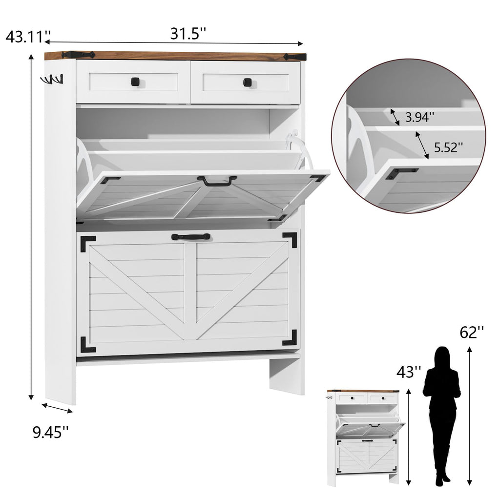 Shoe Cabinet with 2 Flip Drawers, Hidden Shoe Storage Cabinet with 2 Pull-Out Drawers, Farmhouse Shoe Organizer