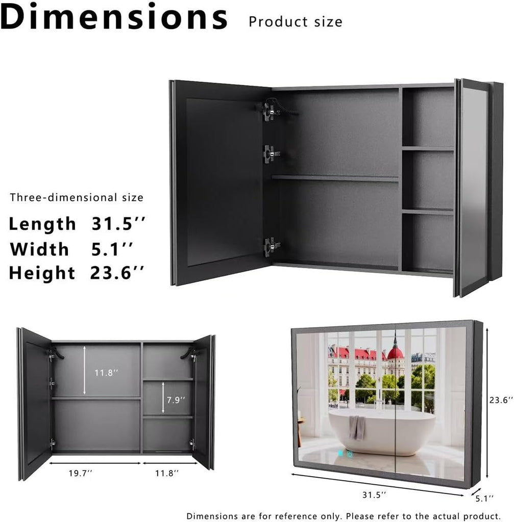 31.50" x 23.62" LED Bathroom Medicine Mirror Cabinet, Wall Mounted Double Door Aluminum Vanity Storage Cabinet with