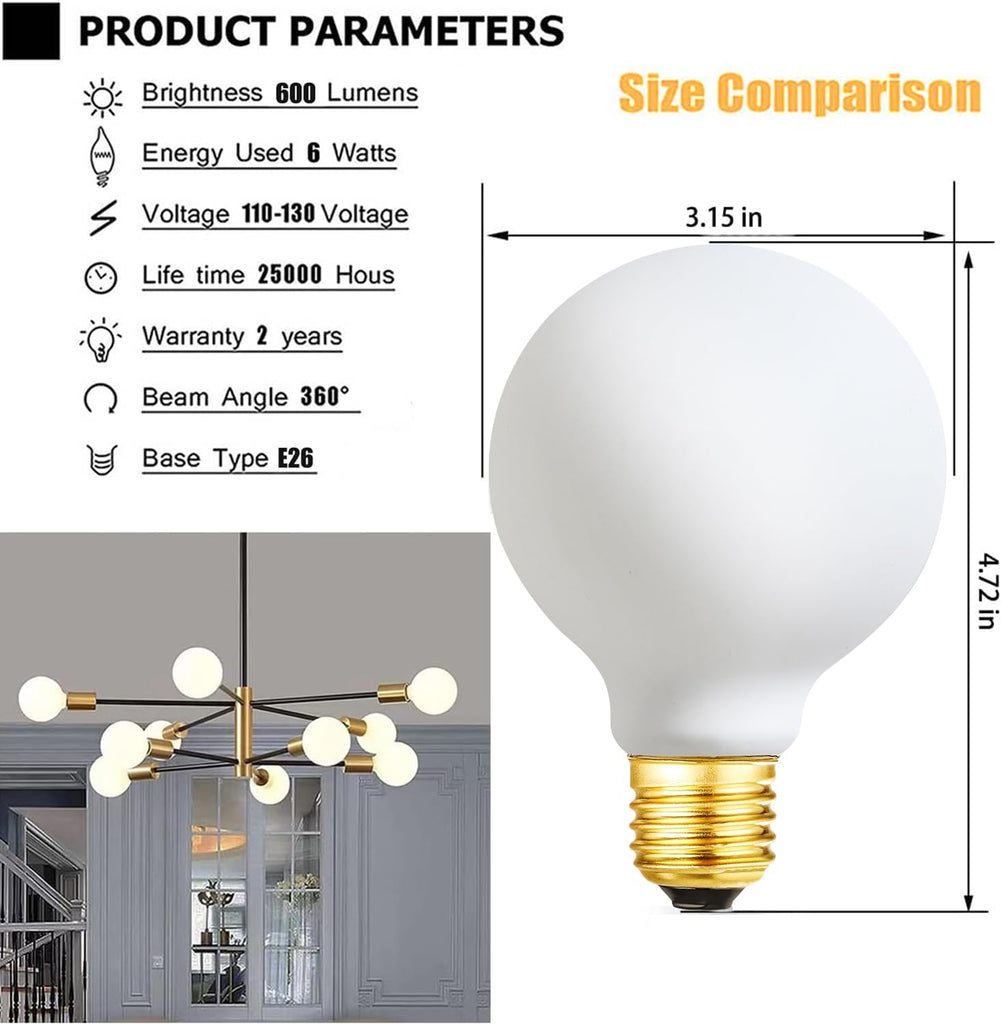 Dimmable g25 led Frosted Bulb e26 led Globe Bulb 60w led Edison Bulb 4000K Daylight White 600lm ac120v 6w g80