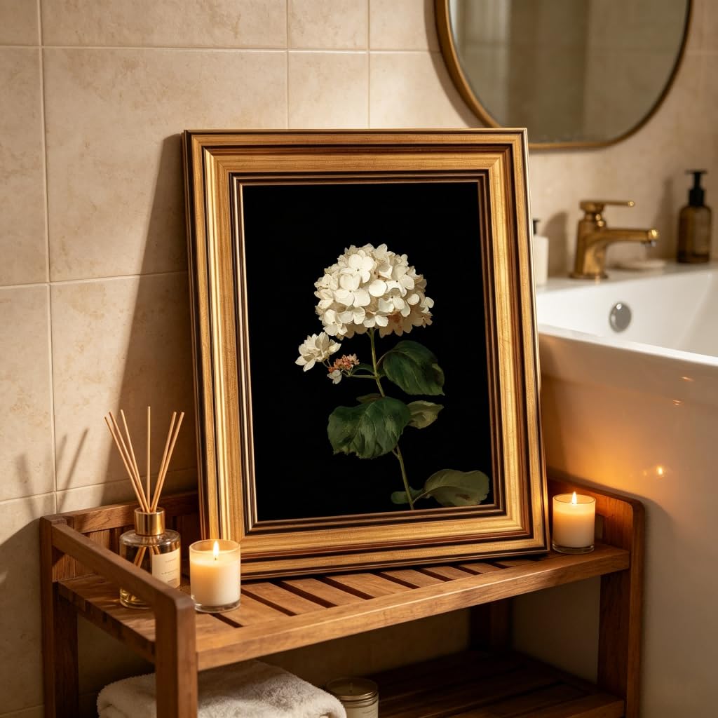 Gold Framed Moody Flower Canvas Wall Art White Hydrangea Living Kitchen painting Decor Pictures Bedroom Vintage Plant