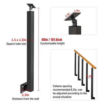 34/36/38/40/42in Side Mount Stair Railing Posts, Indoor Outdoor 270°Adjustable Metal Baluster Post, Staircase