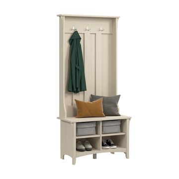 Salinas Hall Tree with Shoe Storage Bench in Antique White, Multi-Purpose Home Organizer, Entryway Solution with