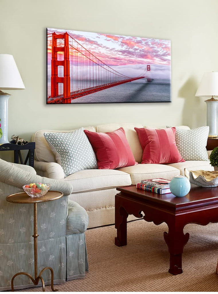 San Francisco Red Golden Gate Bridge At Dusk Canvas Wall, Modern Realism City Building Picture, Califonia Foggy