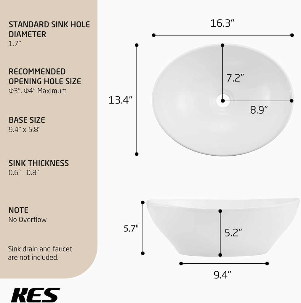 KES Bathroom Vessel Sink, 16" x 13" Oval Vessel Sink for Bathroom Vanity Countertop