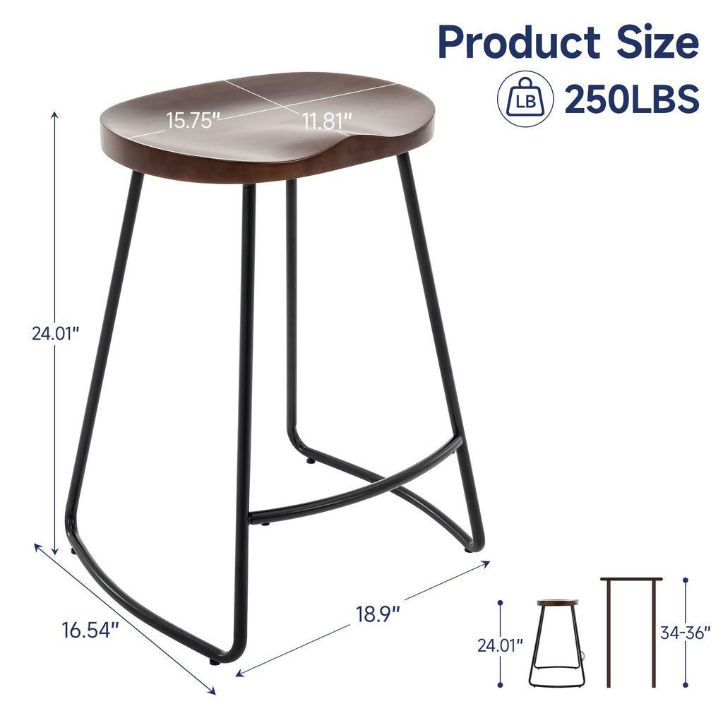 Bar Stools Set of 2, 24'' Counter Height Rustic Wooden Saddle Seat Walnut