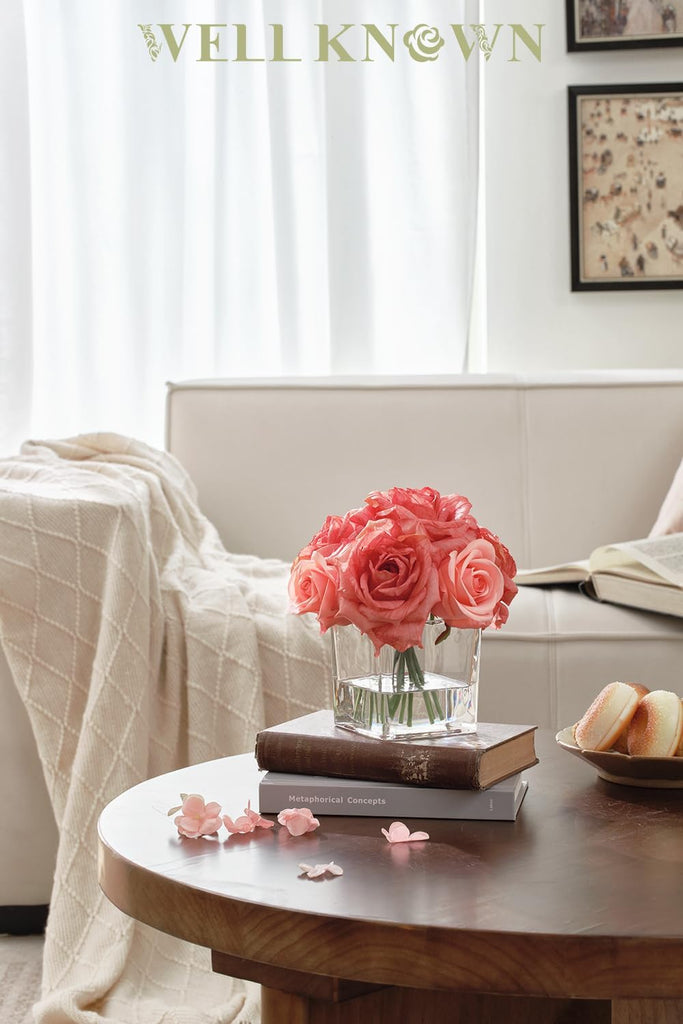 Rose Artificial Flowers in Vase with Faux Water, Silk Rose Table Centerpieces Coffee Table Decor, Bean Pasty Pink