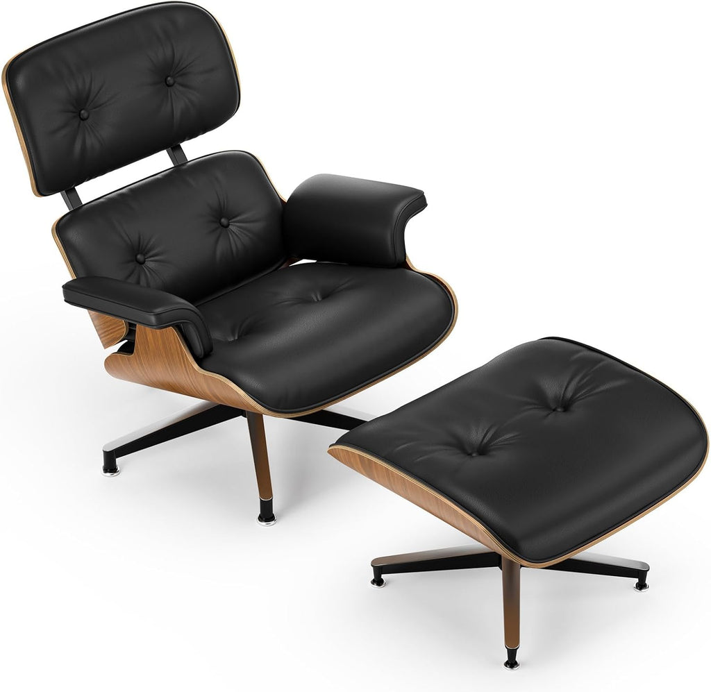 Mid-Century Modern Lounge Chair & Ottoman — Black Bonded Grain Leather, Walnut Base, Tall Back