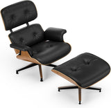 Mid-Century Modern Lounge Chair & Ottoman — Black Bonded Grain Leather, Walnut Base, Tall Back