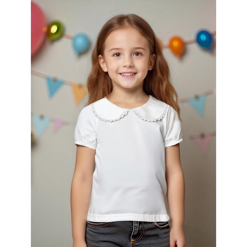 Kids Baby Girl Long Sleeve Collar Shirt Toddler White Blouse Puff Short Sleeve T-Shirt Solid Color Basic Top Bottom